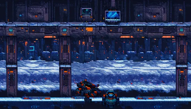 aircraft in scene, metroidvania, robot, close-up, cyberpunk, sidescroller, (work of art, best qualityer:1.2), pixel art,terrestr...