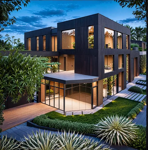 raw photo of a modern house, garden, plants and trees,black color, wood material, mix material, architecture photography, cinema...