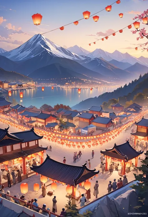 sea，mountain peak，(((festival，kongming lantern wishing lantern)))，beautiful and dreamy pictures