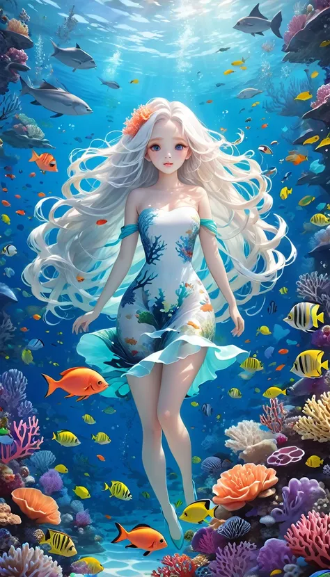 marine lifeの概念芸術、undersea scenery、marine life、beautiful coral reefs come in many forms、3d、fish、women animated fantasy illustrati...