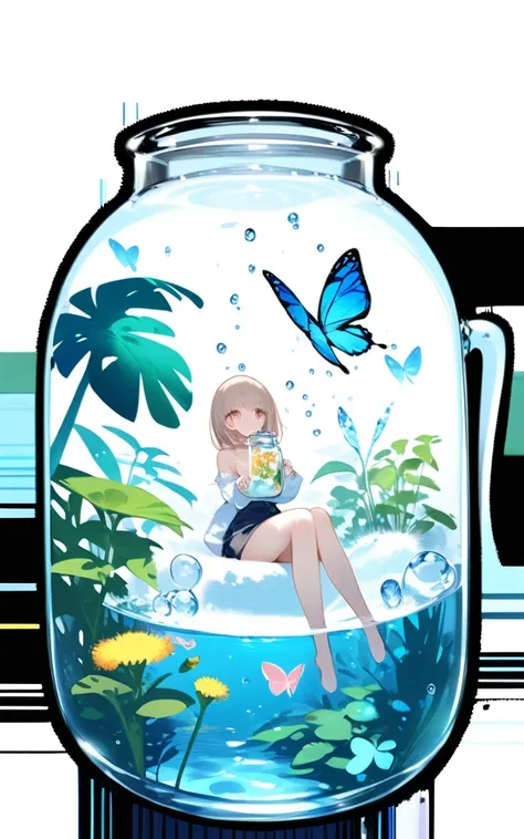 (masterpiece), (best quality), [(white background:1.45)::5], (transparent background:1.3), 1girl, clover theme, plant, ice, underwater, butterfly, (glass jar:1.15), (girl in jar:1.35),