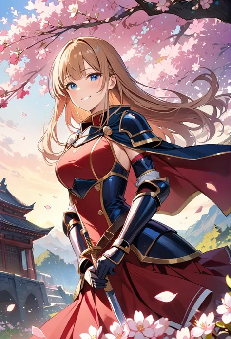 alone, 1 Girl, Marin, salary, keep, arms, Focus on women, sword, Cape, armor, Lambent Light, Handguard, sheath,  armor, full armor, A soft smile，Cherry blossoms blooming all over the place，Falling cherry blossom petals background　(((masterpiece)))， ((Highe...