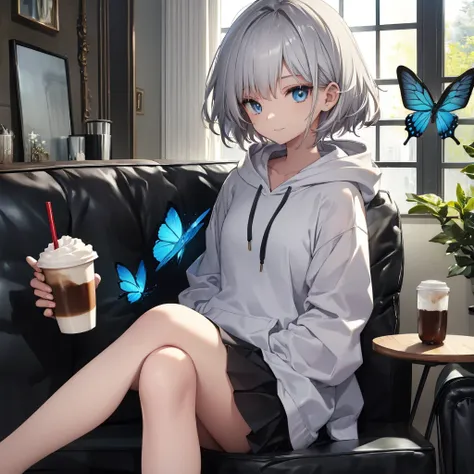 (((1 person　gray hair　sit on the sofa　crossing your legs　blue eyes)))　((high resolution　short hair　hoodie　black skirt　rin々funny ...