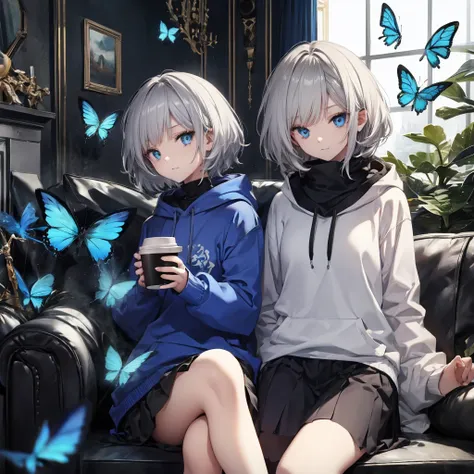 (((1 person　gray hair　sit on the sofa　crossing your legs　blue eyes)))　((high resolution　short hair　hoodie　black skirt　rin々funny ...