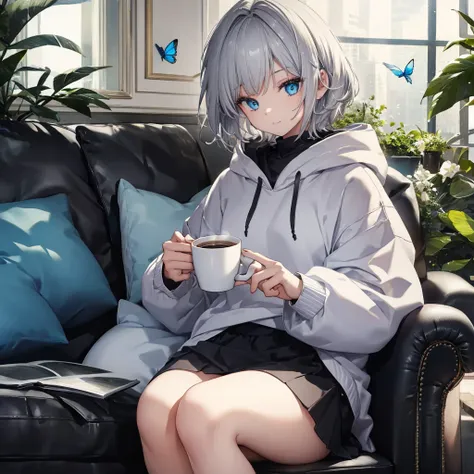 (((1 person　gray hair　sit on the sofa　crossing your legs　blue eyes)))　((high resolution　short hair　hoodie　black skirt　rin々funny ...