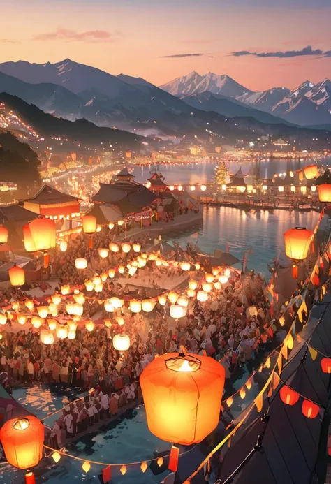 sea，mountain peak，(((festival，kongming lantern wishing lantern)))，beautiful and dreamy pictures