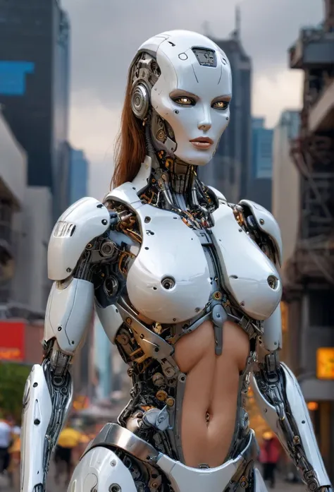 beautiful woman-robot, futuristic city backdrop, intricate mechanical parts, slender graceful humanoid form, magnificent anatomy and physique, 1/2 body crop, best quality, 4k, 8k, highres, masterpiece:1.2, ultra-detailed, realistic, photorealistic, photo-r...