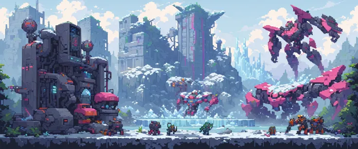 wallpaper, ultra quality, machines, robots and steel, arte de pixel, sidescroller, pixel art, futuristic, cyberpunk frozen setting