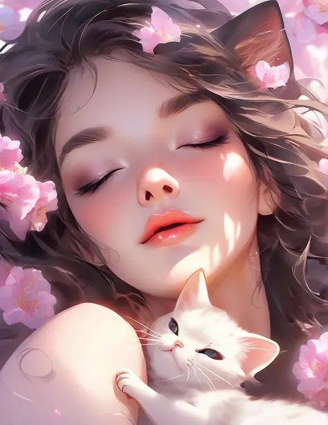 (porn style) , Hallucination, daydream , nightmare , Insane Dream , bokeh , erotica , romance ,  Cat clings girl , Petals fluttering down , (Single eyelids, round nose, swollen cheeks) , glossy lips , Collarbone , Hair blowing in the wind , Goddess of lust...