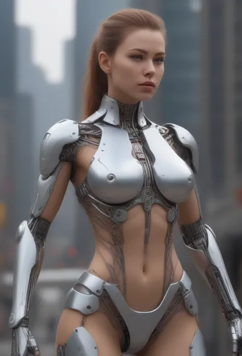 1 beautiful female cyborg, futuristic cityscape, intricate mechanical components, slender graceful humanoid form, exquisite anatomy and physique, half body shot, (best quality,4k,8k,highres,masterpiece:1.2),ultra-detailed,(realistic,photorealistic,photo-re...