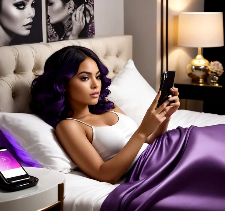 create an illustrative scenario Image A young woman in a luxurious room, filled with modern decor and expensive equipment. She is lying on a king-size bed with silk sheets, surrounded by pillows. The space is softly lit by colored LED lights. She is using ...