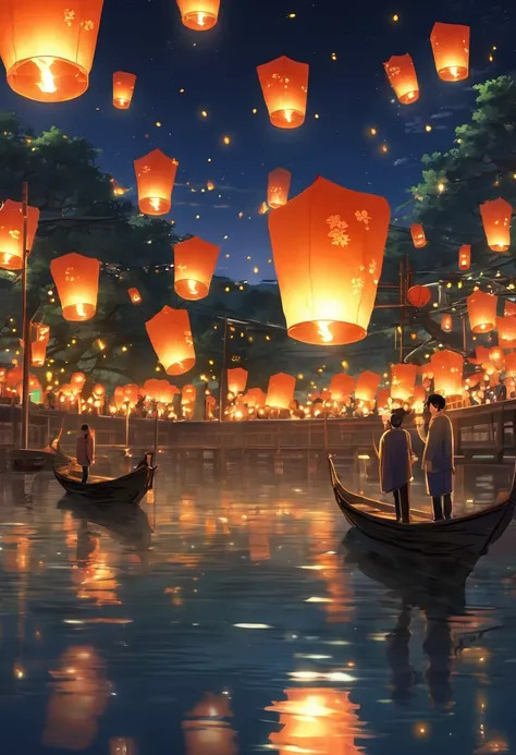 1.place the river lanterns by the river，many sky lanterns are lit on the water, floating lights, lights and reflections, glowing...