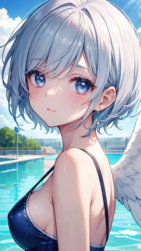 short hair、Silver Hair、Twinkling eyes、blue eyes、Three pairs of angel wings、Embarrassing、shine、reflected light、Film Grain、masterpiece、Textured skin、Super Detail、High Detail、high quality、最high quality、High resolution,Pool,blue sky,Swimwear,summer