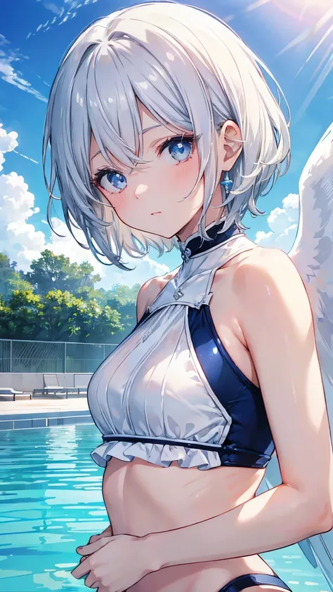 short hair、Silver Hair、Twinkling eyes、blue eyes、Three pairs of angel wings、Embarrassing、shine、reflected light、Film Grain、masterpiece、Textured skin、Super Detail、High Detail、high quality、最high quality、High resolution,Pool,blue sky,Swimwear,summer