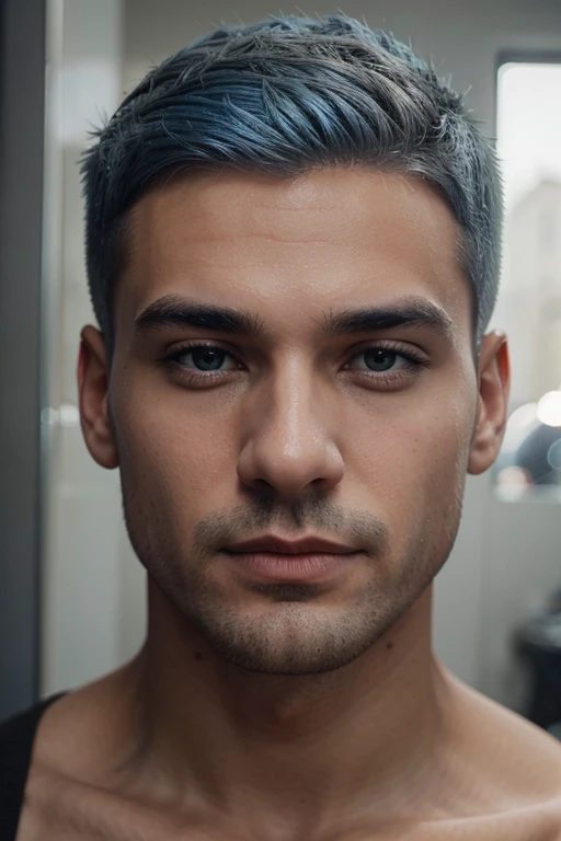 A head of a male with french crop haircut and greyish blue hair color