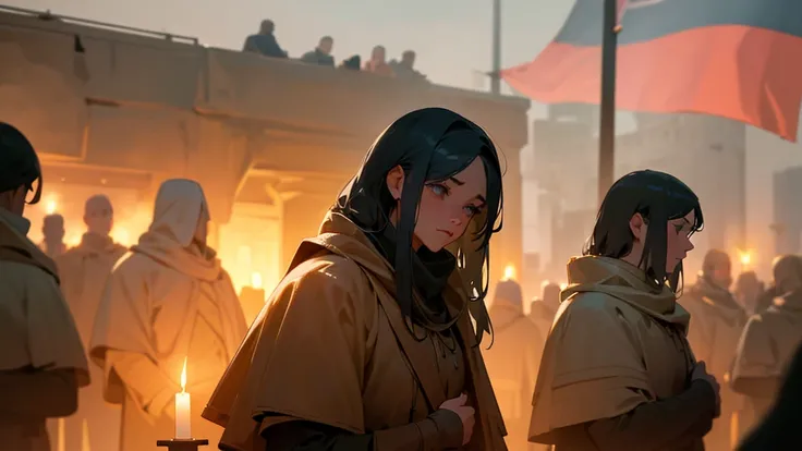 a crowd of men praying and worshiping a girl in the distance in a bunker, candles and a flag in the background, detailed face, beautiful eyes, long eyelashes, highly detailed, 8k, photo-realistic, masterpiece, dramatic lighting, cinematic, moody, warm colo...