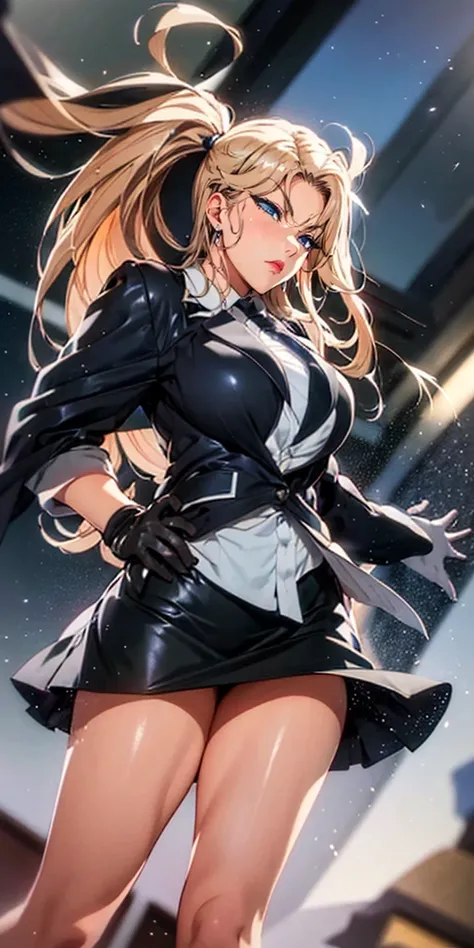  gloves, 1girl, long_hair, black_gloves, solo, blonde hair, skirt, necktie, jacket, hand_on_hip, miniskirt, looking_at_viewer, night