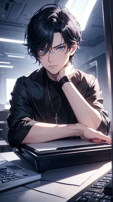 (tmasterpiece, Far plan, amazing quality, A highly detailed, Young guy, short black hair, blue eyes, shadows under the eyes, Focused gaze, sitting at a table, keyboard, computer, Dark background, twilight), afternoon, typing on keyboard, hacker, ray tracin...