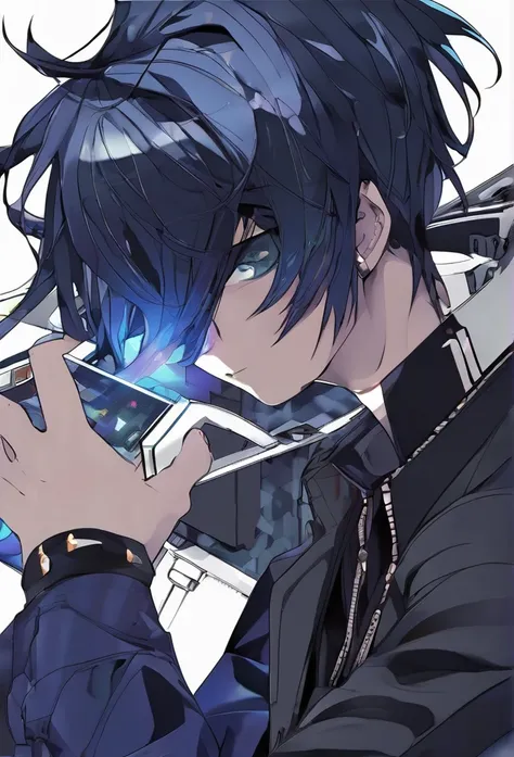 Anime ai, guy, dark blue hair, black eyes, playing a game