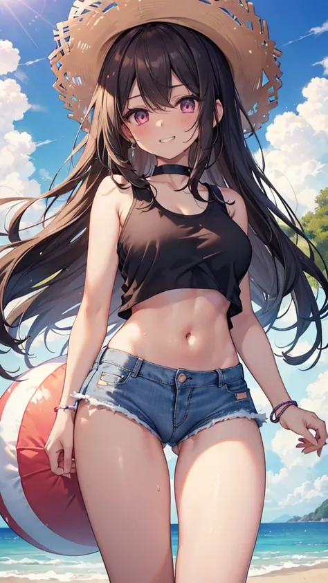 (8K、Highest quality、Highest quality、masterpiece)、Detailed face、One Girl、 
(Brown Skin:1.2)、Black Hair、Long Hair、
Pink Eyes、Sweat、Grin、
(White tank top、Denim hot shorts、Mini Shorts、Cameltoe)、
Beach、cloud、
belly button、Big Breasts、