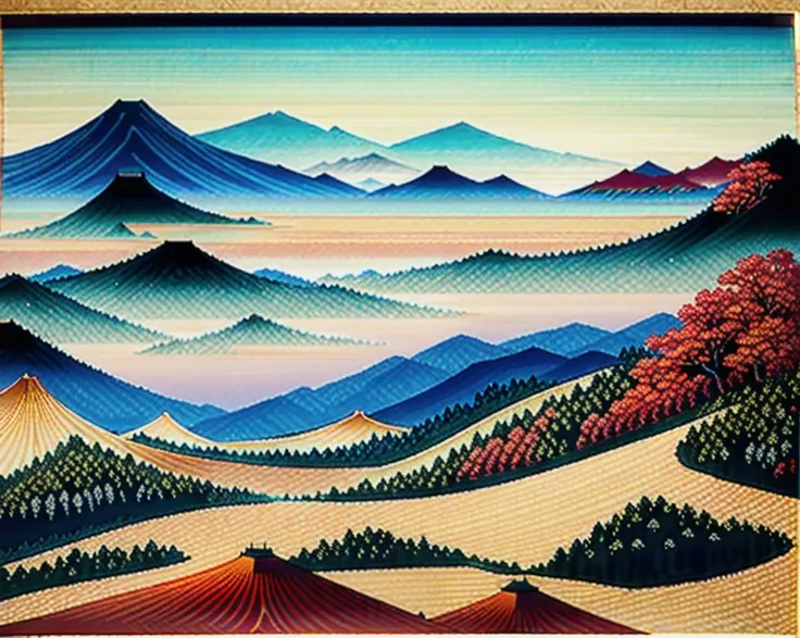 best quality,masterpiece,highly detailed,ultra-detailed, katsushikahokusai, èé£¾ åæ,mountainous horizon, scenery, no humans, trees