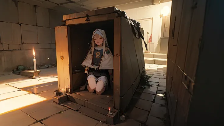 Men worship a holy girl in a bunker. candles and flag in the background