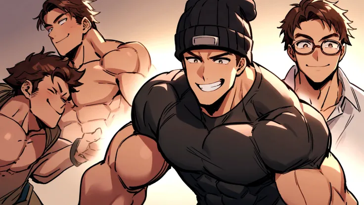 Muscular boy with black beanie hat and short brown hair smiles as if he were smarter than everyone else