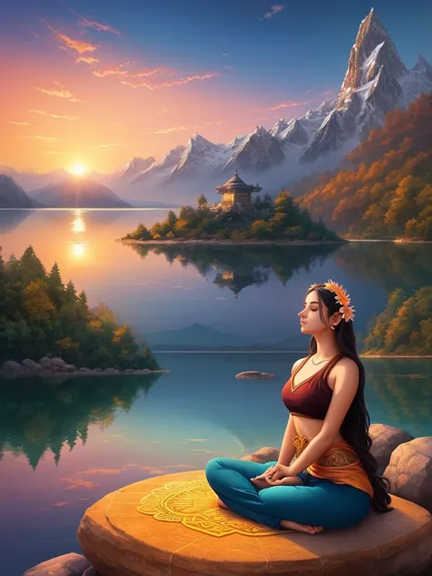 a woman sitting on a rock in front of a lake with a sunset, digital art by Cyril Rolando, trending on cg society, fantasy art, hindu stages of meditation, hindu aesthetic, indian goddess, beautiful goddess, indian goddess of wealth, meditating, meditating ...