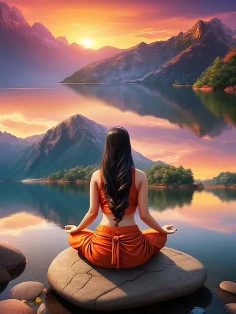 a woman sitting on a rock in front of a lake with a sunset, digital art by Cyril Rolando, trending on cg society, fantasy art, hindu stages of meditation, hindu aesthetic, indian goddess, beautiful goddess, indian goddess of wealth, meditating, meditating ...