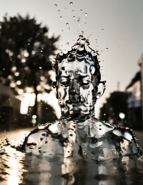 an extreme close-up photo of a man made of water, coming up of a puddle on a street