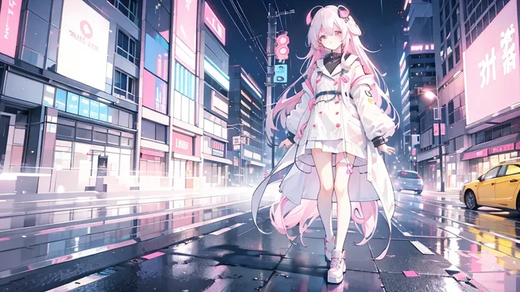 Pinkish white hair, wavy hair, girl, neon city, raincoat, wearing a mask, full body composition