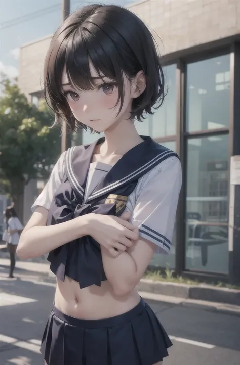 Highest quality , High resolution , Detailed CG , short hair , Sailor suit , Navy Blue Skirt , Modest chest , Black Hair , Two limbs , Optimal ratio , Embarrassed expression , Burning cheeks , School , Schoolyard , touching one&#39;s own breasts with one&#...