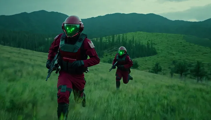 Soldiers in dark red military uniform wearing a futuristic helmet, run through the steppe with some green areas and a little bit of hills and pine trees, dark atmosphere