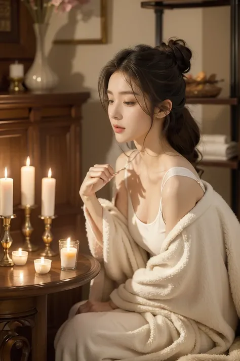 (((best quality))),(((ultra detailed))),(((masterpiece))),illustration,1girl, young, beautiful, sitting, massage room, dimly lit, fluffy bathrobe, damp hair, glowing skin, white tank top, loose-fitting pajama pants, candles, warm colors, essential oils, pe...