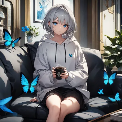 (((1 person　gray hair　sit on the sofa　crossing your legs　blue eyes)))　((high resolution　short hair　hoodie　black skirt　rin々funny ...