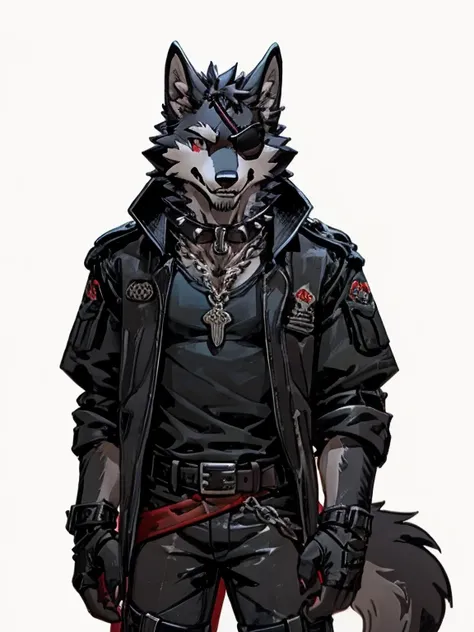 White background, spikes on jacket, soft smile, ambient lights, teeth, wolf, medium muzzle, eyepatch on left eye, grey fur, black and red jacket, unzipped jacket, black T-shirt, dark-ref and black combat boots, a collar, a locket, a belt with a wolf-shaped...