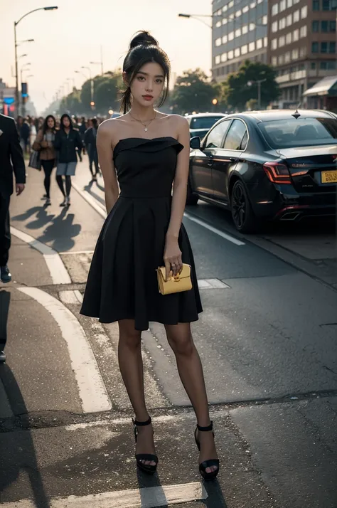 (((best quality))),(((ultra detailed))),(((masterpiece))),illustration,1girl,slim,vibrant cotton dress,short ponytail,flat chest,pantyhose,standing, bustling city streets, honking cars,surrounded by crowded crowds, colorful advertisements,enjoying sights a...