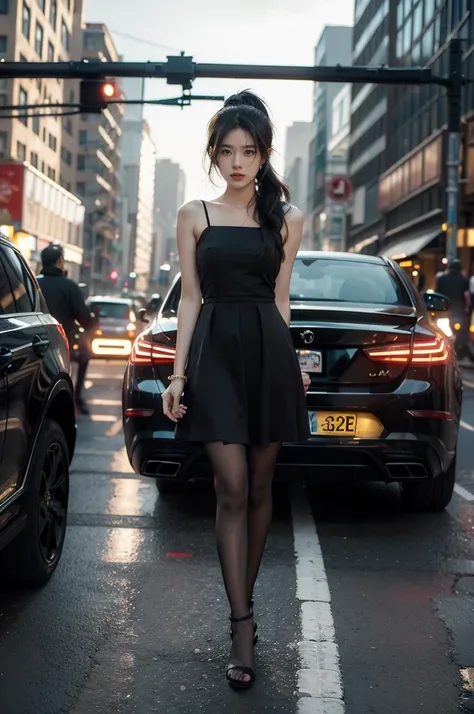 (((best quality))),(((ultra detailed))),(((masterpiece))),illustration,1girl,slim,vibrant cotton dress,short ponytail,flat chest,pantyhose,standing, bustling city streets, honking cars,surrounded by crowded crowds, colorful advertisements,enjoying sights a...