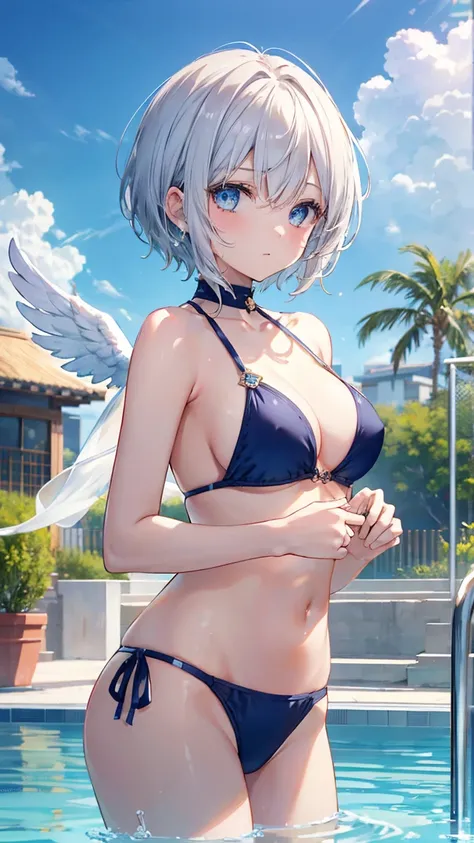 short hair、gold and silver hair、Twinkling eyes、blue eyes、Three pairs of angel wings、Embarrassing、shine、reflected light、Film Grain、masterpiece、Textured skin、Super Detail、High Detail、high quality、最high quality、High resolution,Pool,blue sky,Swimwear,summer,Ta...