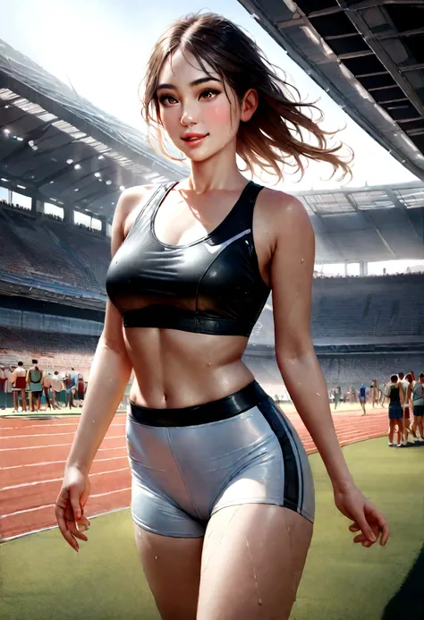 (8K, Highest quality, masterpiece:1.1), (Realistic, photo-Realistic:1.25), Super detailed, 1 Girl, Japanese, Athletics Stadium, smile, thin, Wearing sexy sportswear, Wet body, White skin, Browsing Caution, Shortcuts, 

(background: Cheering crowd in the st...