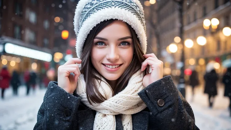 A beautiful happy white-skinned girl with dark hair on her head, of European appearance in a winter hat and coat on the street in winter near the Christmas tree, catches snowflakes with her hands.