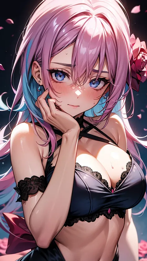 Very detailed, Seductive female sweating, Breasts covered with rose petals, (full, Pink/blue hair), Centered on the face, face focus, Complex eyes,