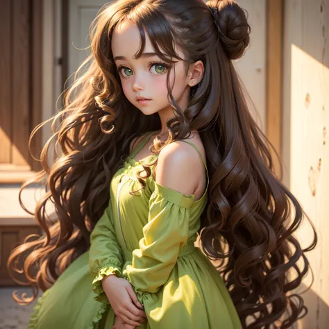 long curly brown hair, which she often puts into a loose bun. She has bright green eyes, who glow with warmth and enthusiasm. She is 5&#39;5&#39; tall, slim build, and her style is a quirky mix of bohemian and vintage. She often wears flowy dresses with un...