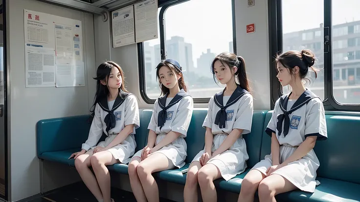 masterpiece, Highest quality,Four Girls,Super detailed,e233, Inside the train, scenery, Sheet, window, door, Poster (object), Sitting,Sailor suit,From the side