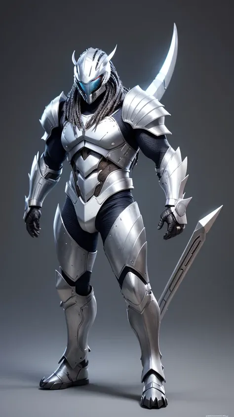 Predator，Whole body diagram，Silver-white armor，suitable background