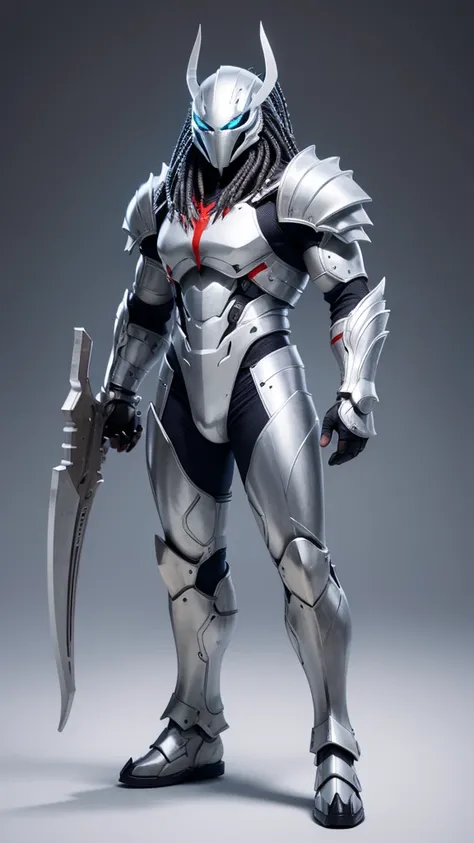 Predator，Whole body diagram，Silver-white armor，suitable background