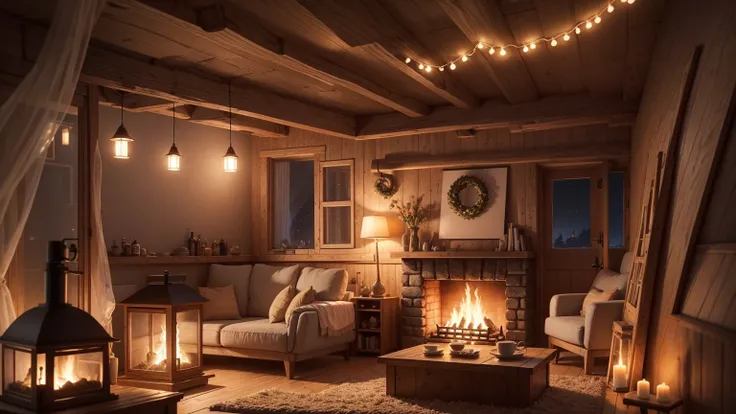 Cartoon background of wooden house living room, This night outside](Comfortable atmosphere), (Soft lighting), Bright fire in stone fireplace, This is the best night, Transparent glass window