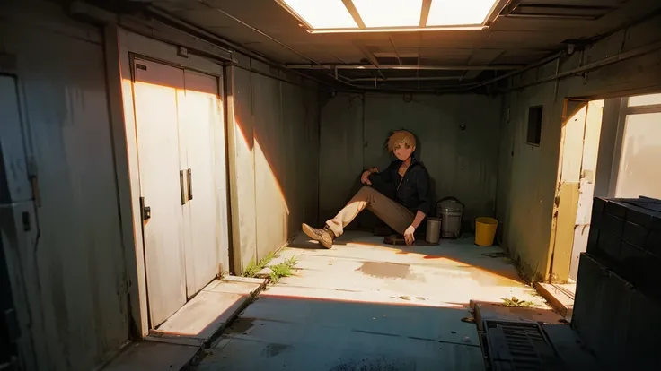 a guy sits in a cage guarded by a girl in a bunker.