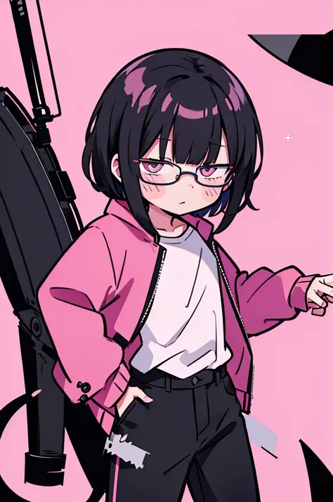 black pants, Sharp image, man, Black hair with pink ends, wearing a pink jacket. , has a dull, bored face, wears round glasses, has short, neat hair,