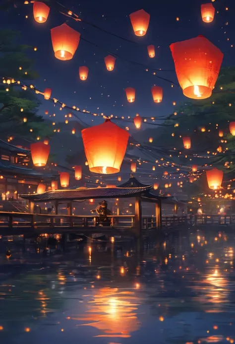 1.place the river lanterns by the river，(((kongming lantern wishing lantern)))many sky lanterns are lit on the water, floating l...